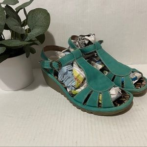 FLY London Teal Leather Wedge Sandals 37/6.5-7